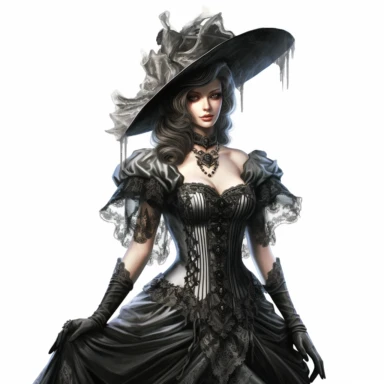A captivating Victorian enchantress in a mystical black gown, featuring intricate silver accents and delicate lace trim. Against a backdrop of pure white, her entire silhouette is visible, amplifying the enchanting allure of the image. Clipart, watercolor, white background, intricate detail, hyper-realistic, unreal engine cinematic smooth, mesmerizing gaze