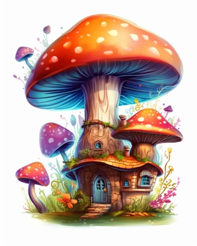 vibrantly psychadelic, fantasy, fairy tale feeling, magic mushroom home, clipart, white background