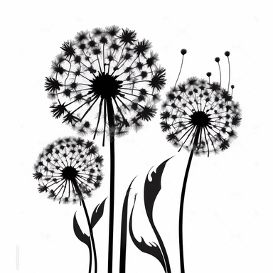 dandelion flowers silhouette on a white background, simplified, black-and-white graphic clipart, simple illustration, hand drawn art, dandelion floral bouquet, cartoonish simplicity, graphic outline of dandelion flowers, minimalist design, two dimensional,