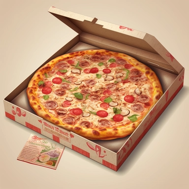 An intricately detailed illustration of a pizza in the pizza box, rendered in a realistic style with rich textures and shading to evoke a sense of depth and realism. The mood is sophisticated and indulgent, with a focus on the decadent toppings and high-quality ingredients. The lighting is soft and warm, creating a cozy ambiance. Vector illustration, clipart, white background.