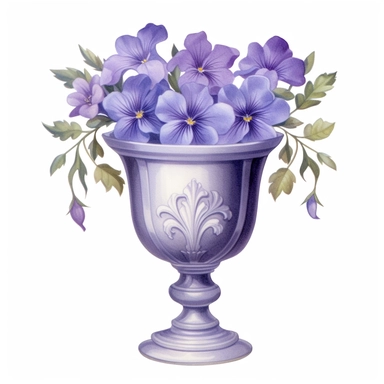 Design a dreamy watercolor clipart of a cluster of Violet Floral in a Chalice cup composition, with soft and graceful brushstrokes in a delicate color palette in shades of purple, blue, or white. Infuse the artistic style of Serenity Blooms Watercolors fo