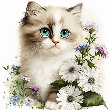 Watercolor super cute ragdoll kitten with big green eyes together with flowers clipart, white background, (--no text)