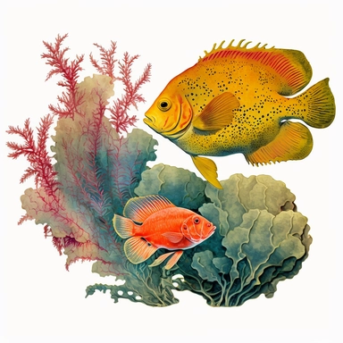 vintage colorful watercolor coral reef clipart a red lobster and a yellow flounder transparent background