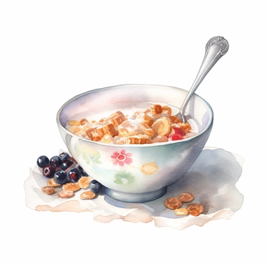 watercolor for a clipart with a white background of a bowl of cereal with milk, realism, painted by samuel melton fisher
