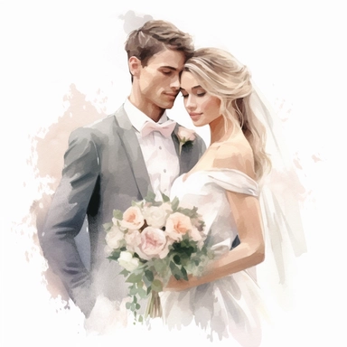 Wedding bride and groom, clipart, white background, in the style of elegant realism, muted and subtle tones, detailed painting, transparency and lightness