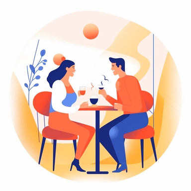 vector design, lovers on a date in a cafe, flat modern illustration, clipart, very simple picture, white background, soft gradient transition, in the style of warm color palette, natural pastel colors, in red orange and blue colors, object portraiture specialist, uniformly staged images, animated illustrations