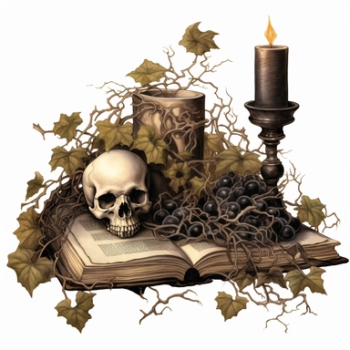 gothic clipart, skulls, books and ivy. goblets, candles