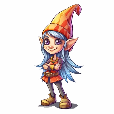 A delightful, hand-drawn clipart image of a friendly female gnome with no beard, dressed in a charming, brightly colored ensemble, sporting a tall, pointy hat, and standing with a welcoming smile, presented on a transparent background for versatile use