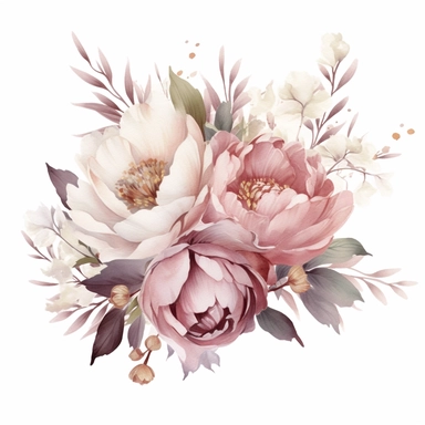 Dusty pink and white flowers, peonies, austin roses, big blooms, with muted green whispy foliage with gold flicks, elegant and beautiful floral clipart for wedding invitations, delicate, watercolor, oil painting, defined edge on white background