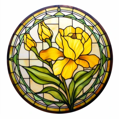 circle window with a radiant stained glass artwork clipart on a white background, intricate details and lines, depicting a beautiful daffodil. The vibrant yellow hues and delicate form capture the charm of this early spring flower. The translucent effects add a luminous touch, infusing the daffodil with a radiant glow within the artwork.
