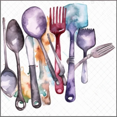 watercolor Kitchen utensils, cutlery, spatula, batter, spoon, pan vividly bold designs png realistic cartoon in 32K UHD cute. 15 cm thick outline. There was no shadow on the ground. 8k with realistic watercolors. and detailed illustrations. PNG clipart , transparent white background