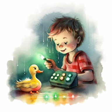 clipart, watercolour sketch, small duck quack and a boy, morse code out in the night with two flashlight, green and red light color