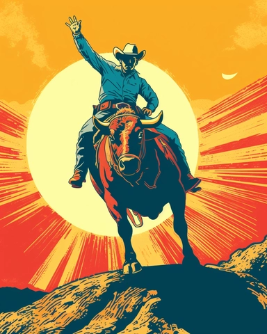 a pop art clip art illustration of a cowboy riding a bucking bull in a rodeo arena, 2 color screen print, by Charles S Anderson Design,
