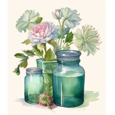 green glass without lid Jars full of flowers ,watercolor, cottage core,peony painted by ann buccarelli,insanely high quality, watercolor , white background, clipart, vintage, realistic,8k--q 2