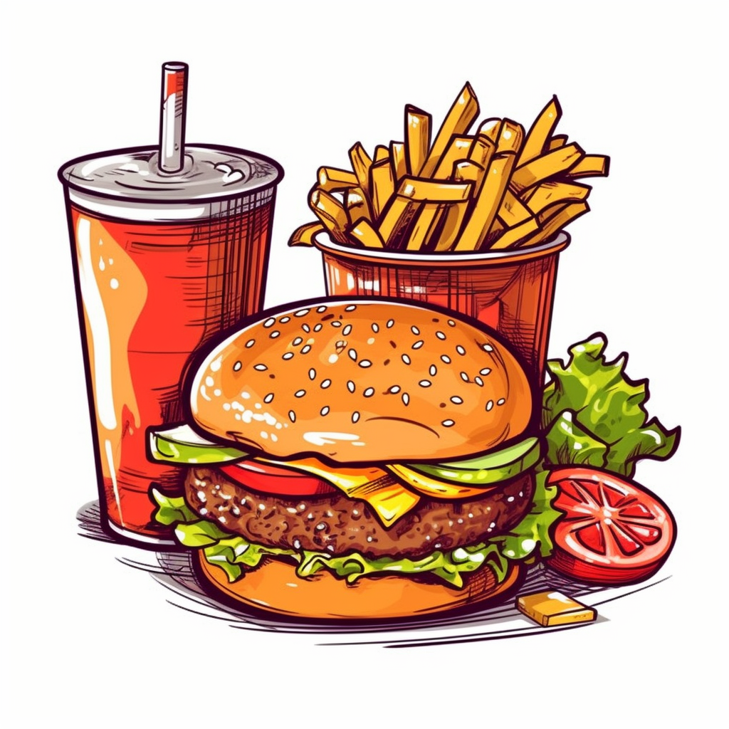 Picture a charming, hand-drawn clipart of a favorite fast-food meal. A ...