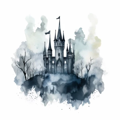 on a white background Illustrate a watercolor clipart of a gothic castle with soaring turrets, looming over a dark and misty forest. The clipart should have a haunting and mysterious feel, with a focus on the castle's intricate details