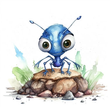 a cute humanoid looking Ant in water colour in the style of clip art, with big blue eyes working hard moving rocks, with humanoid features in the forest near his ant hill, ants in the background