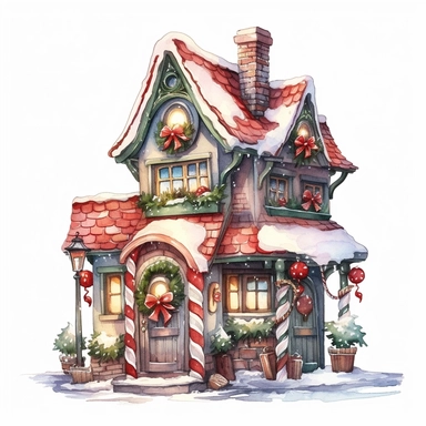 Cute Christmas elf house watercolor clipart