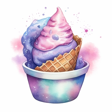 cosmic ice cream in a waffle cone bowl clipart, watercolor style, hyper realistic, detailed, white background