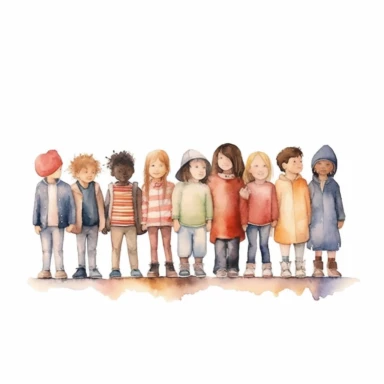 watercolor style, children standing together, from multiple cultures: european, african american, asian american, latino, indian, japanese, mexican, clipart, isolated on white background, 4K