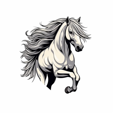 Clip Art, 2d, Flat Vector, SILVER ARABIAN Breed Horse With BLACK Extremely long thick Mane LOGO on White Background, NO TEXT, NO WATERMARK,