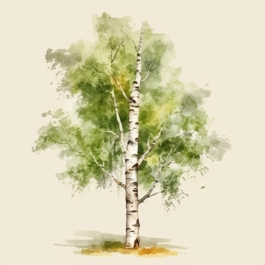 one single beautiful, photo realistic, proud, healthy, green watercolor birch tree clipart with only one trunk at summer, cut out, vintage beige background