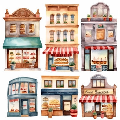Watercolor Bakery Storefronts Clipart - cute bakery shop