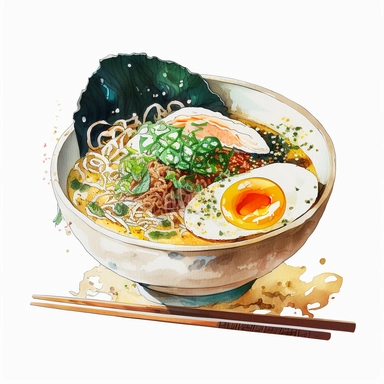 an bowl of japanese ramen, anime art, authentic ramen, watercolor, white background, clipart