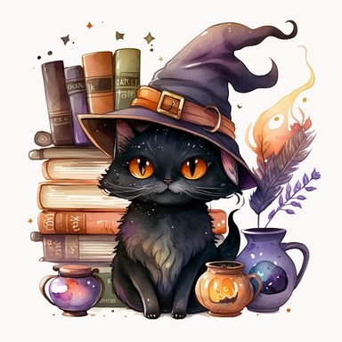 Watercolour cute black witches cat, wearing a witch hat, clipart. The cat is sitting on a bookshelf, surrounded by books and potions. Its fur is a mix of black and orange shades, and its eyes are looking directly at the viewer. The witch hat has a purple ribbon, and the cat is holding a feather quill in its paw. The bookshelf is in a dark, candlelit room, with cobwebs and a cauldron in the corner. The books have titles like The Art of Witchcraft and Magical Potions and Spells. The potions on the