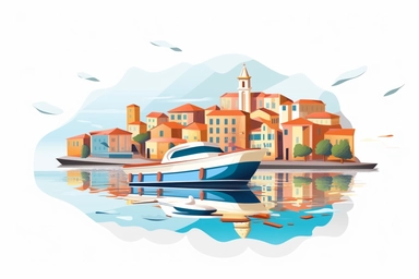 a boat in the water, in the style of elba damast, grandiose cityscape views, captivating harbor views, aerial view, les nabis, clipart vector, 2d art style sticker, vector style, clean lines, hight quality, on a white background only 4K