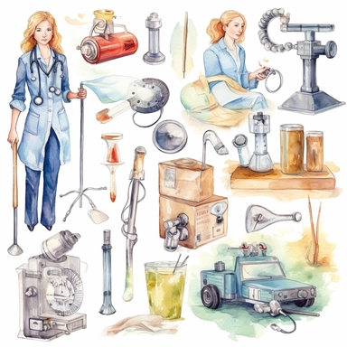 watercolor doctor related scenes , illustrations clipart set, simple, , cartoon elements ,different variants , nurse, doctor, stethtescope, mechanical body weighing scale, microscope, ,separate elements with a margin