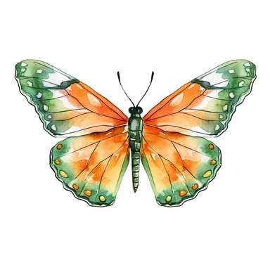 orange and green butterly clipart, watercolor style, white isolated background, 4k, hdr