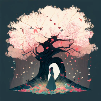 in the style of Ryo Takemasa, xuan loc xuan, Lisa Audit, Anastasia Suvorova, Jon Klassen, greg tocchini, single lady under sakura tree at night, fantasy, limpid, magical, mysterious, white background, vector, clipart, elaborate, ultra-detailed, best quality illustration, vibrant colors, high definition, UHD