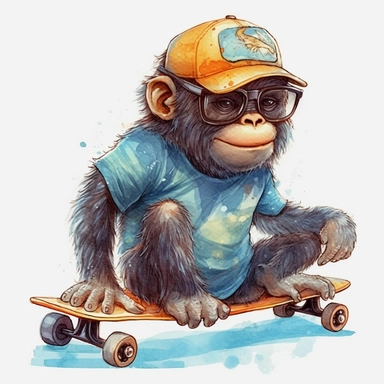 Ape baby with sunglasses riding a skateboard, clipart, watercolor, anime