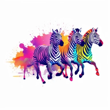 group of cute zebras, running together in a herd, bold colors, clipart, on a white background