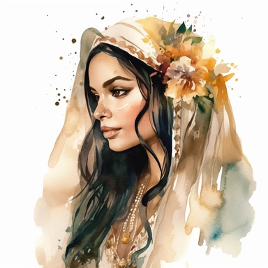 Glamorous and romantic wedding realistic watercolor, the beautiful profile of the Indian bride with long black wavy hair, wearing bohemian jewelry, with henna on her hands, wearing Juliet cap veil, translucent, multi-layered, delicate, with a bouquet of orchids, greenery, very delicate colors, golden hour, fashion photography, watercolor clipart--ar 3:2--no watermarks, no text