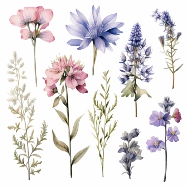 Watercolour wildflowers, lilac blue pink and purple colors, beautiful details, ultra detailed, ultra photo real intricate detailed, high definition, graphic clipart, hyper realistic, detailed, white background