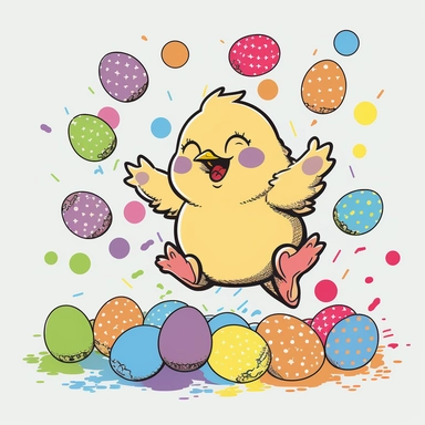 cartoon style, cute, happy, jumping Easter Chick with easter eggs, no description, clipart