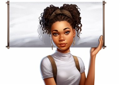 Cartoon Clipart of beautiful African American girl with braided hair, girl holding a blank board on white background, Norman Rockwell style is 20 years old holding white sheet poster, in the style of street style realism, uhd image, illustrated advertisements, eye-catching composition, photorealistic detail, light silver and brown, matte photo