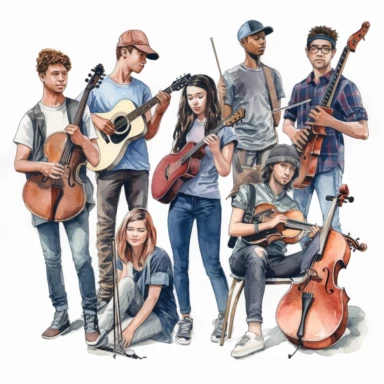 a delightful watercolor, hyper-realistic clipart image with a white background and white margins, showcasing a teen musicians. The ultra-detailed, hand-drawn elements capture the teen musicians.