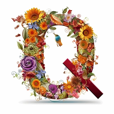 A digital illustration of the flower alphabet clipart for the letter Q featuring a vibrant and whimsical style reminiscent of the works of Beatrix Potter. The letter Q is creatively formed by a variety of colorful and intricate flowers, each with its own unique shape and petal arrangement. Against a clean white background, the floral Q stands out prominently, exuding a sense of elegance and natural beauty. Soft, diffused lighting ensures that every detail of the flowers is showcased with clarity
