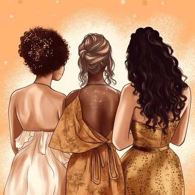 clipart of three adult best friends, friends forever, different ethnicities, party girls, back facing, glam fashion, closeup