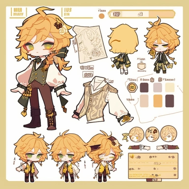 character sheet, knoling, clipart, inventory catalog, cute chibi character, golden wavy long hair, long bangs, yellow-green eyes, flat chest, beautiful young boy, gothic, frill, lace shirt, high West brown shorts, yellow bird, mimosa, yellow jewelry, ribbon