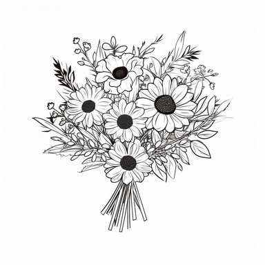 vector illustration, hand drawn, elegant floral bouquet with sunflowers, silhouette, outline svg, clipart, sunflower wedding bouquet, all white background