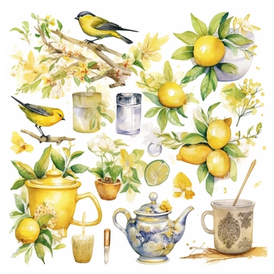 the clipart contains various items of lemon tea, in the style of ethereal watercolor washes, willem haenraets, birds & flowers, light gold and silver, elfriede lohse-wächtler, southern countryside, intricate, whimsical details Biological naturalist illust