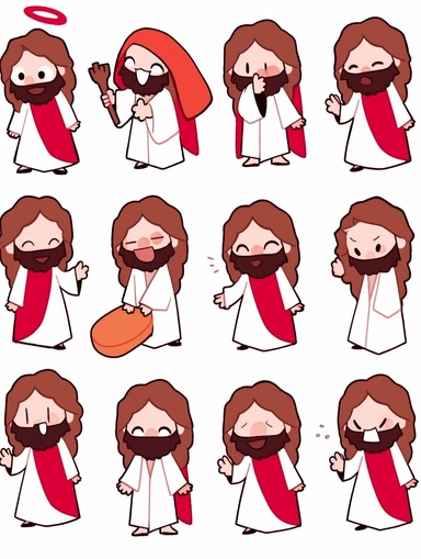 , Emoji, Animated jesus clipart image, in the style of white and red, caricature-like figures, bold, cartoonish lines, emoticons Happy, Laughing, Shy, Surprised, Angry, Unbelievable, Pretend to be cute, Curiosity and more surrounded, illustration style, b