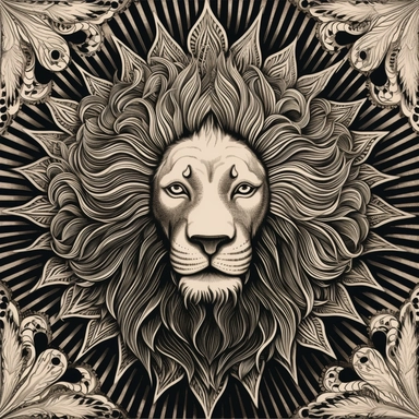 Prompt: Craft a black and white tattoo design that merges modern intricacy with timeless symbolism. At the heart of your design should be a calm, fearless lion, a beacon of majesty and might, standing resolute before a radiant sun. This lion-sun tableau must echo the aesthetics of the Persian 'shir-o-khorsheed' emblem, known for its deep-rooted symbolism in Iran's pre-revolutionary heritage. The lion's demeanor should exude an air of tranquillity and fearlessness, a regal beast emanating calm in