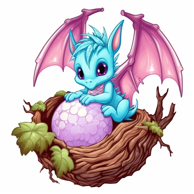 Clipart white background: A whimsical baby dragon with mint green scales, baby pink wings, and bright blue eyes, nestled in a cozy nest atop a tree branch, under a starry sky