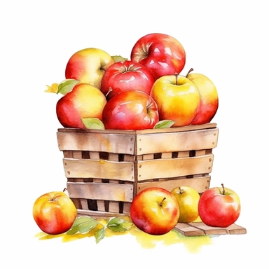 watercolor apple stand clipart, white background, realistic with high details, beautifully colored with strong palette pastel colors, 32k h