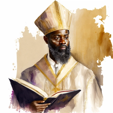 simple watercolor clipart on a white background, attractive black man from Biblical times, large beard beard, smiling, wearing a tall cream and gold royal Catholic bishops hat and vestments, holding a book
